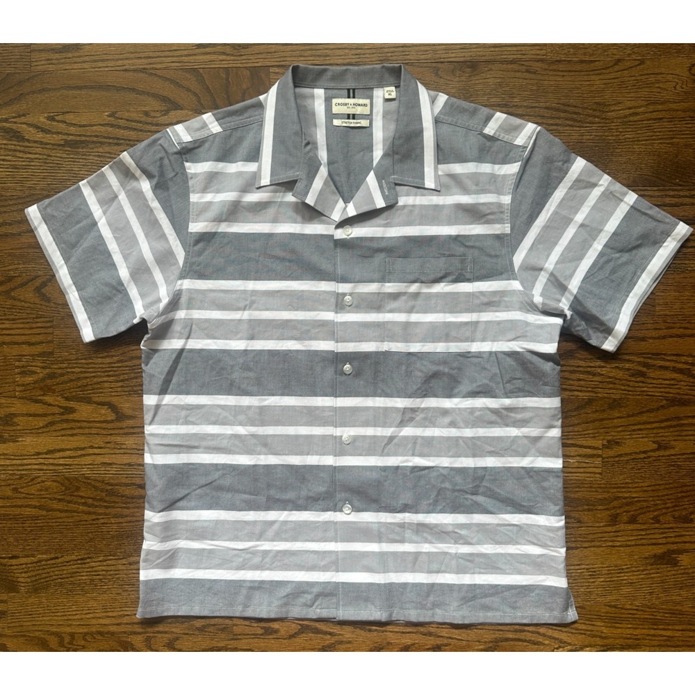 Crosby & Howard Mens XL Gray White Striped Short Sleeve Button Up Camp Shirt